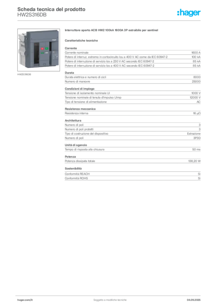 Immagine Hager Scheda tecnica del prodotto HW2S316DB | Hager Italia