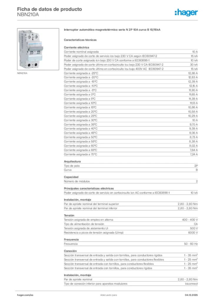 Imagen Hager Ficha de datos de producto NBN210A | Hager España