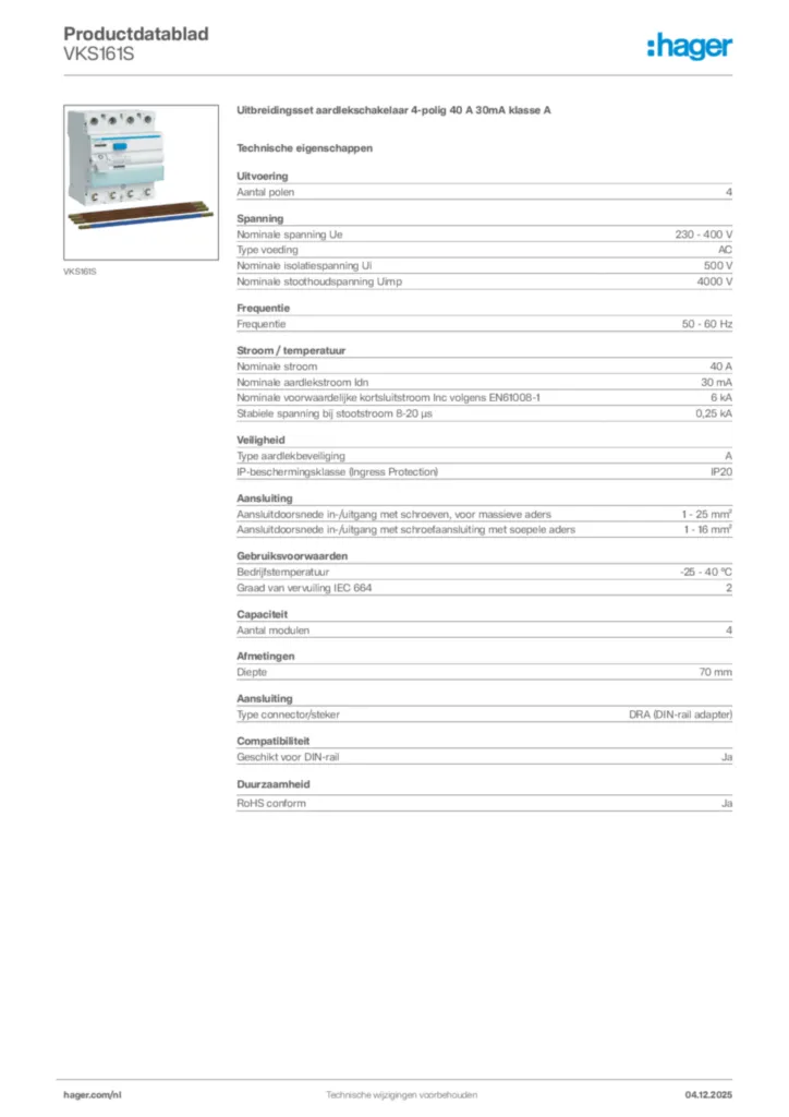 Afbeelding Hager Productdatablad VKS161S | Hager Nederland