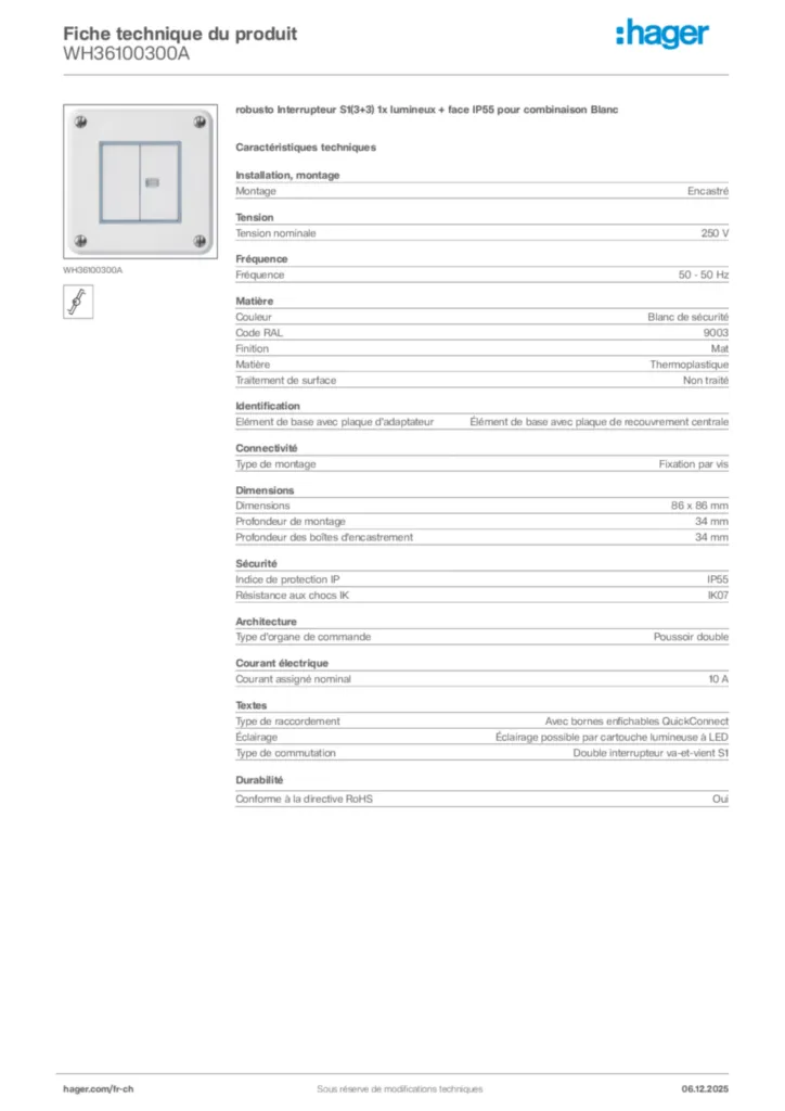 Image Hager Fiche technique du produit WH36100300A | Hager Suisse