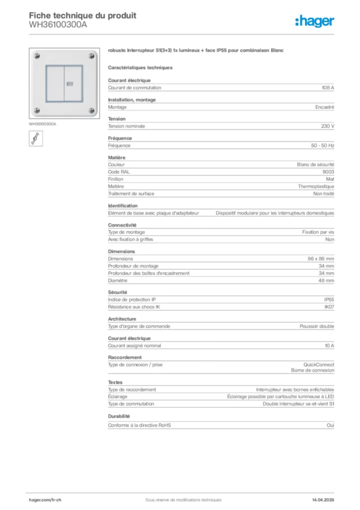 Image Hager Fiche technique du produit WH36100300A | Hager Suisse
