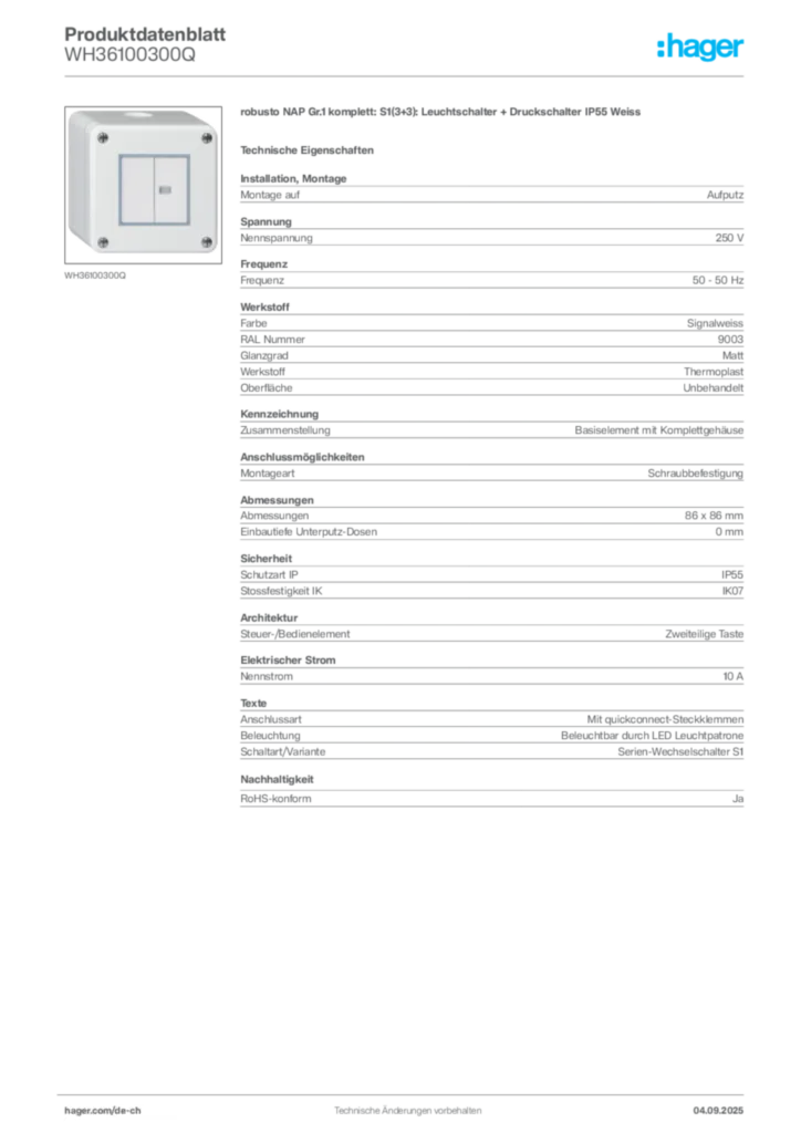 Bild Hager Produktdatenblatt WH36100300Q | Hager Schweiz