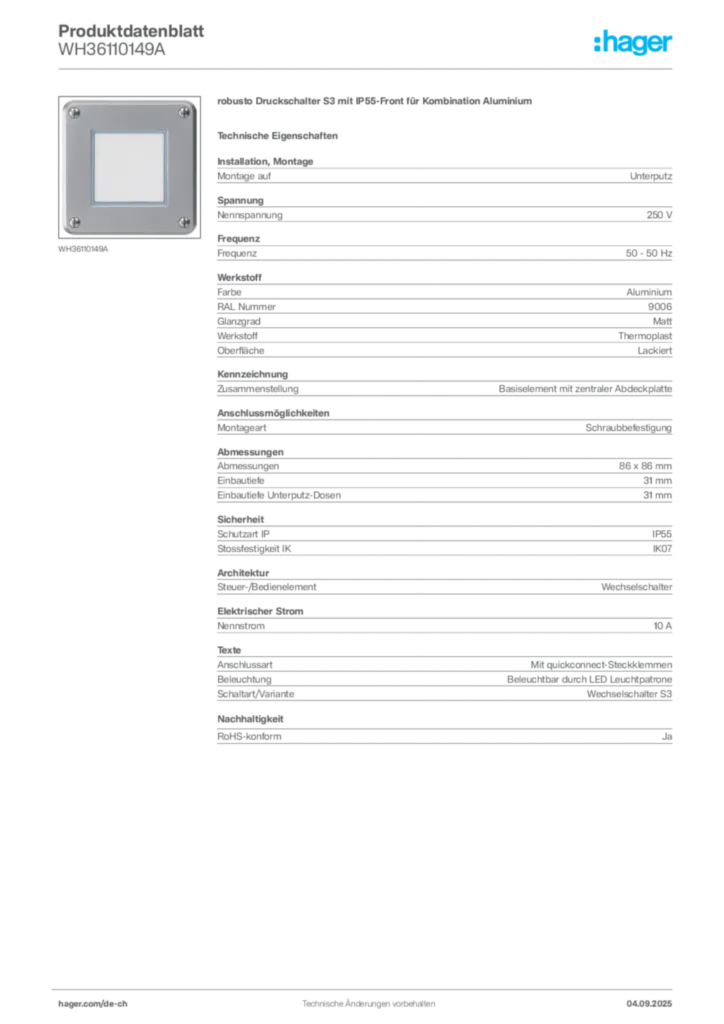 Bild Hager Produktdatenblatt WH36110149A | Hager Schweiz