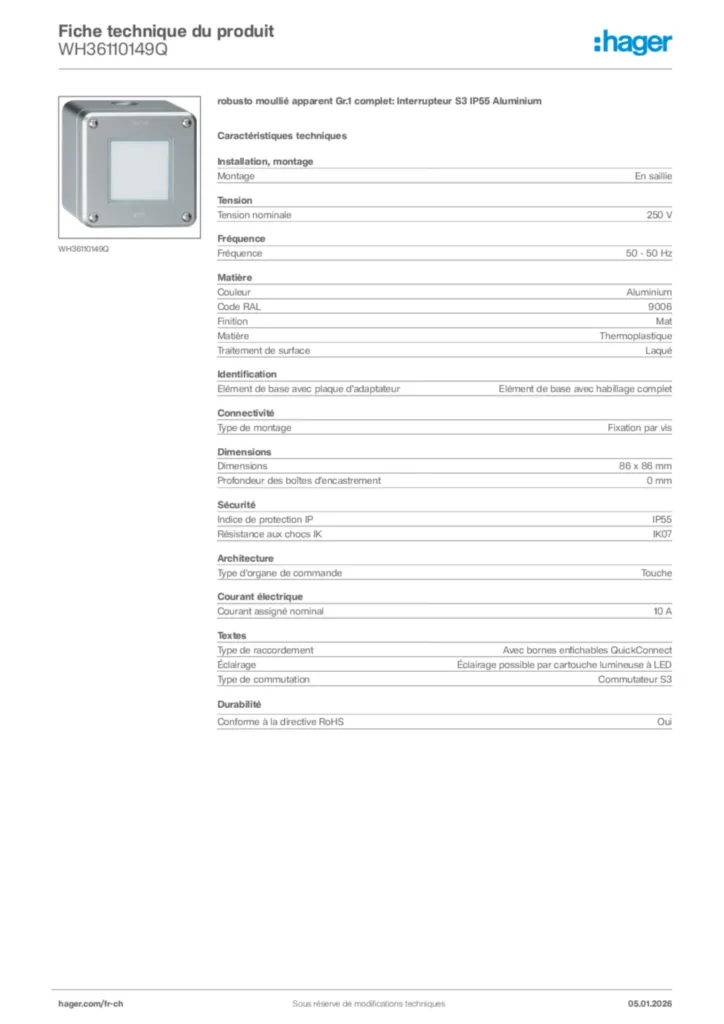 Image Hager Fiche technique du produit WH36110149Q | Hager Suisse