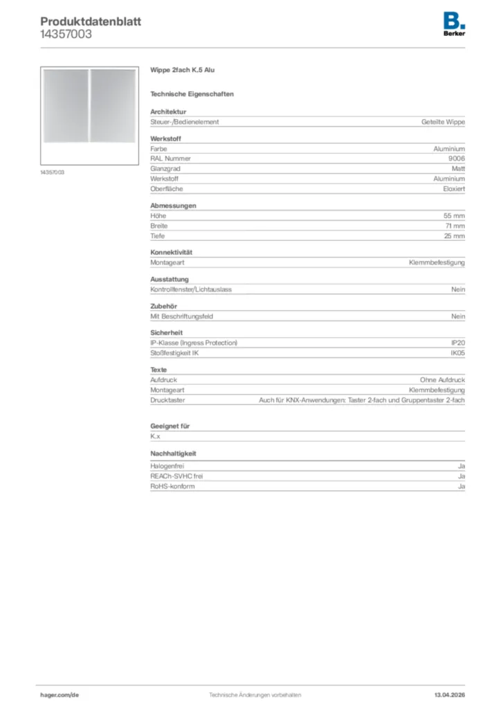 Bild Berker Produktdatenblatt 14357003 | Hager Deutschland