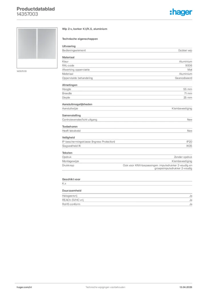 Afbeelding Hager Productdatablad 14357003 | Hager Nederland
