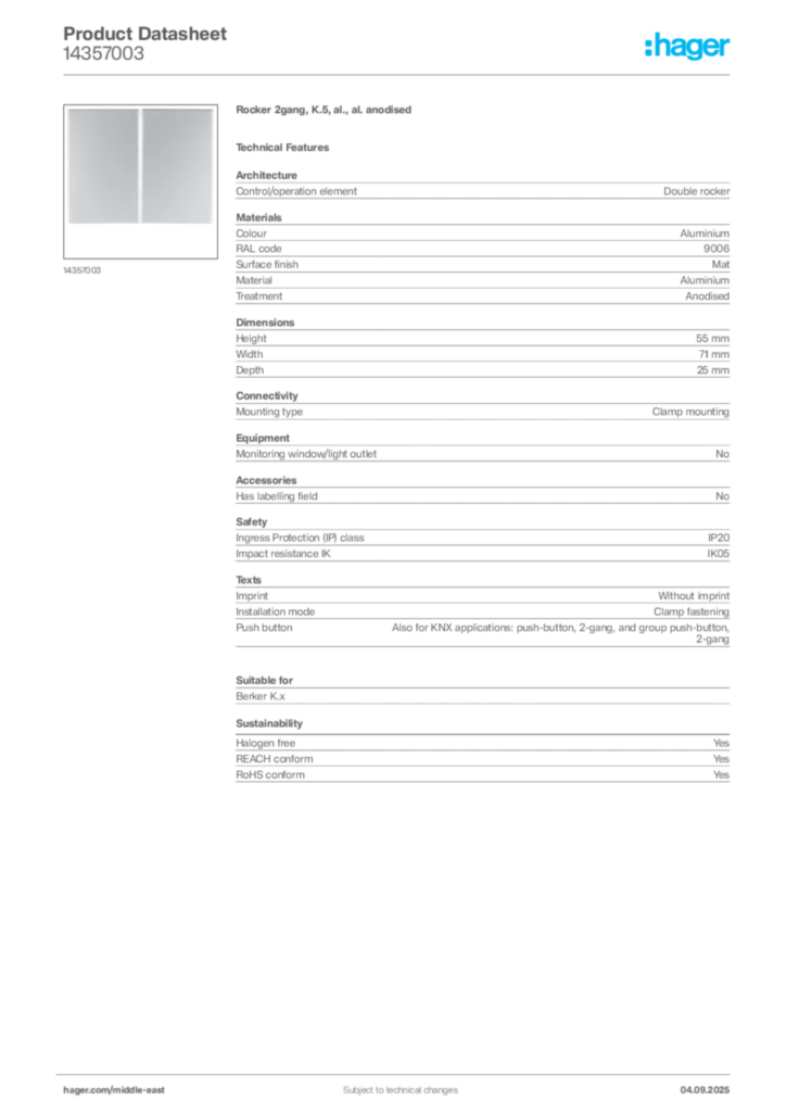 Image Hager Product data sheet 14357003  | Hager