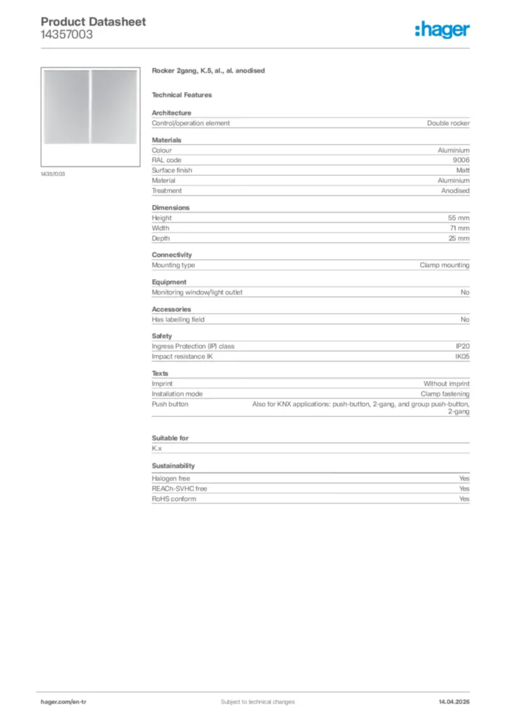 Image Hager Product data sheet 14357003  | Hager