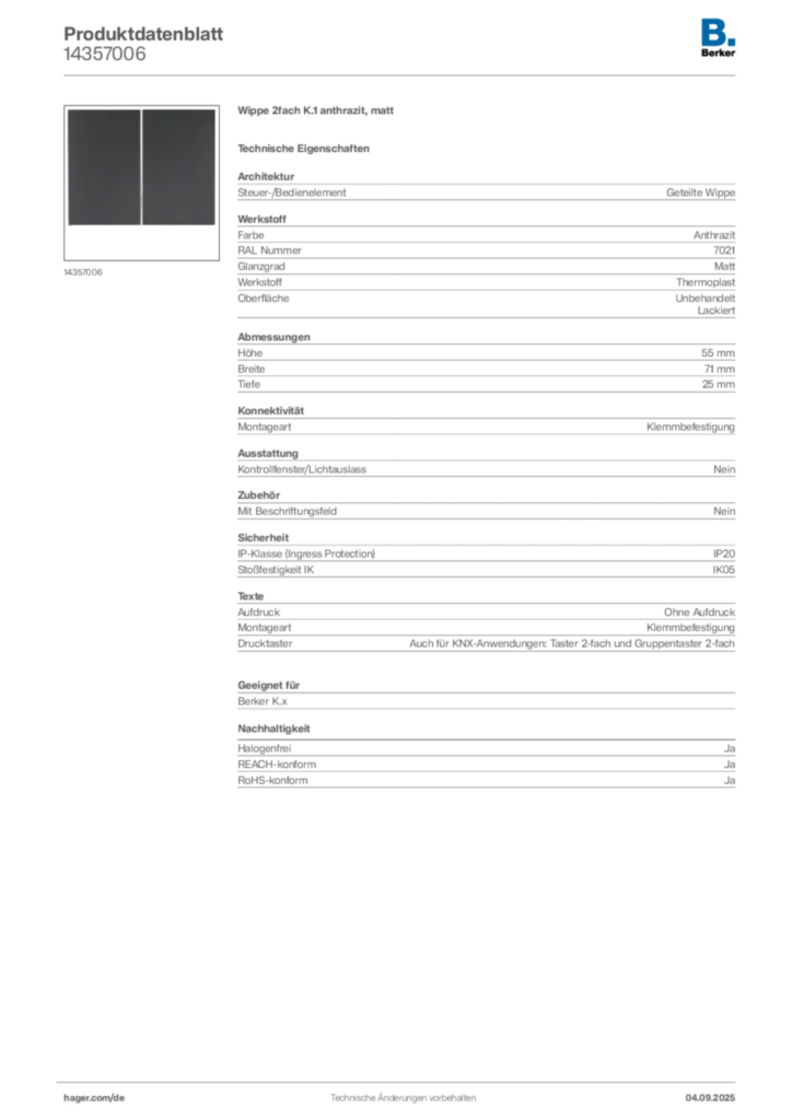 Bild Berker Produktdatenblatt 14357006 | Hager Deutschland