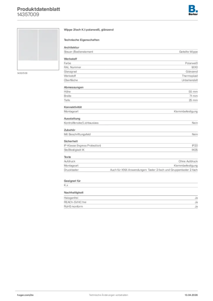 Bild Berker Produktdatenblatt 14357009 | Hager Deutschland