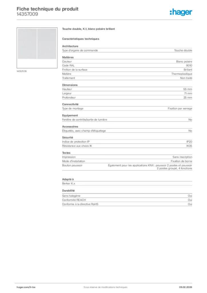 Image Hager Fiche technique du produit 14357009 | Hager Belgique