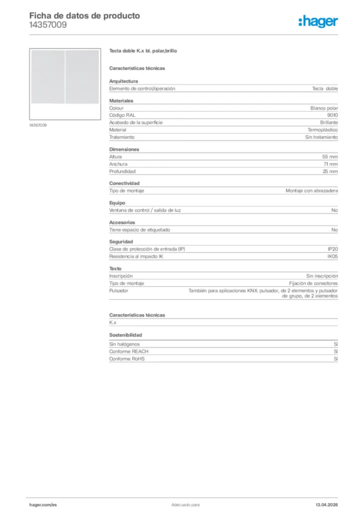 Imagen Hager Ficha de datos de producto 14357009 | Hager España