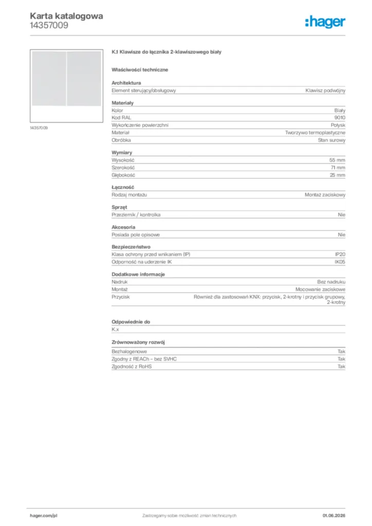 Zdjęcie Hager Karta katalogowa 14357009 | Hager Polska