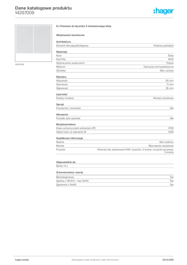 Zdjęcie Hager Karta katalogowa 14357009 | Hager Polska