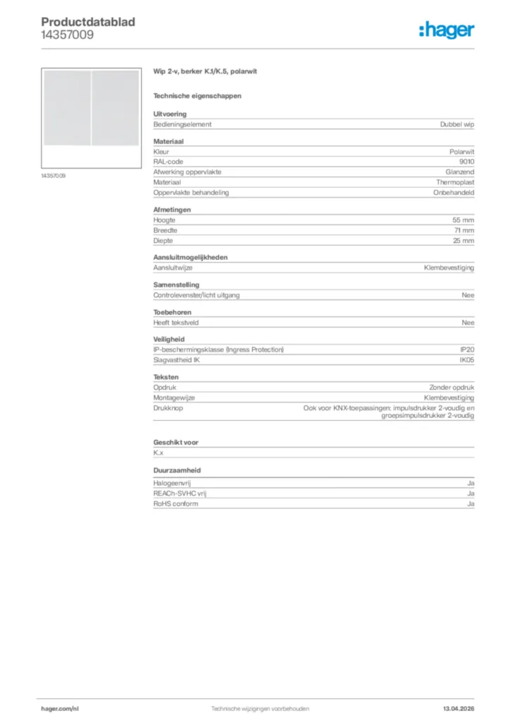 Afbeelding Hager Productdatablad 14357009 | Hager Nederland