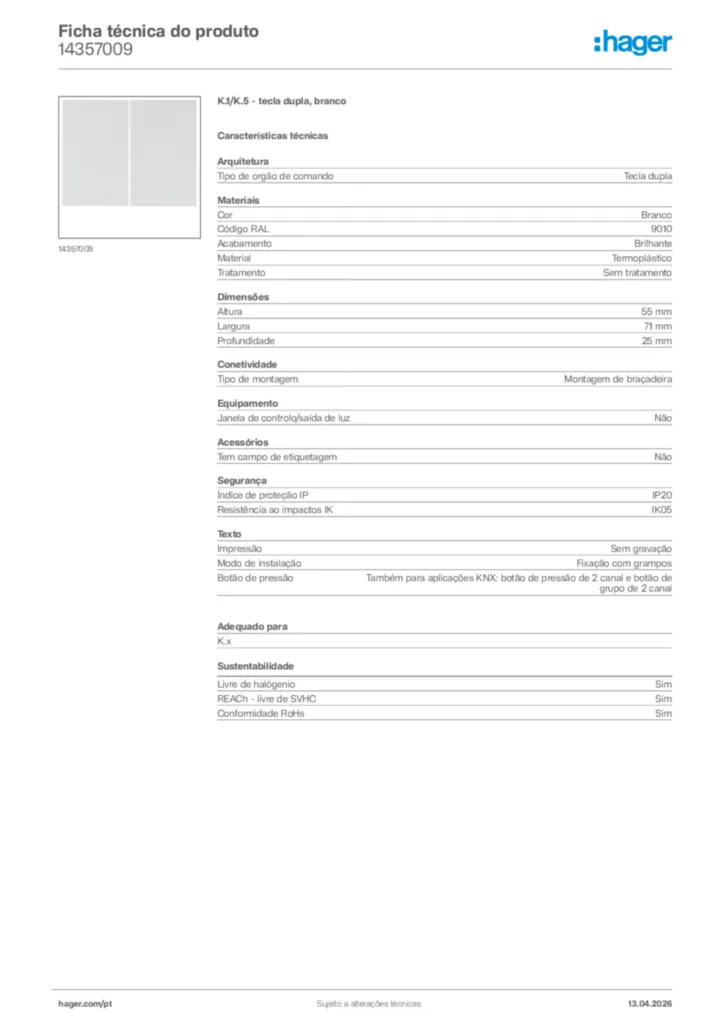 Imagem Hager Ficha técnica do produto 14357009 | Hager Portugal