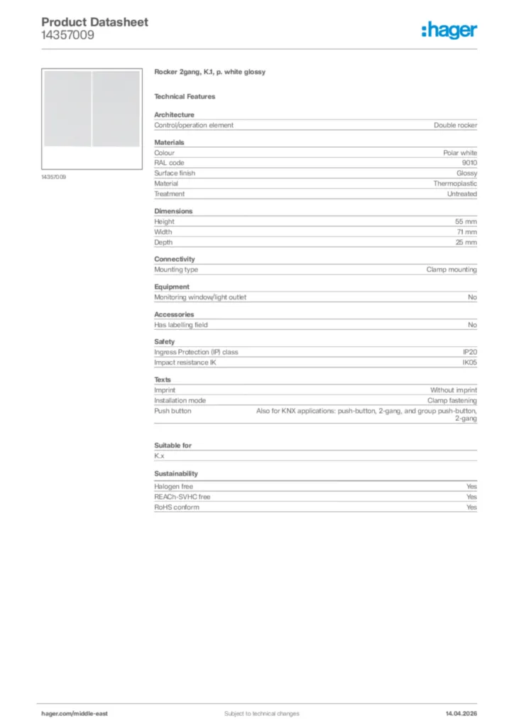 Image Hager Product data sheet 14357009  | Hager