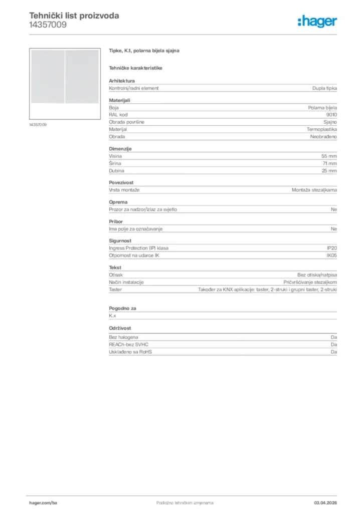 Slika Hager Tehnički list proizvoda 14357009  | Hager