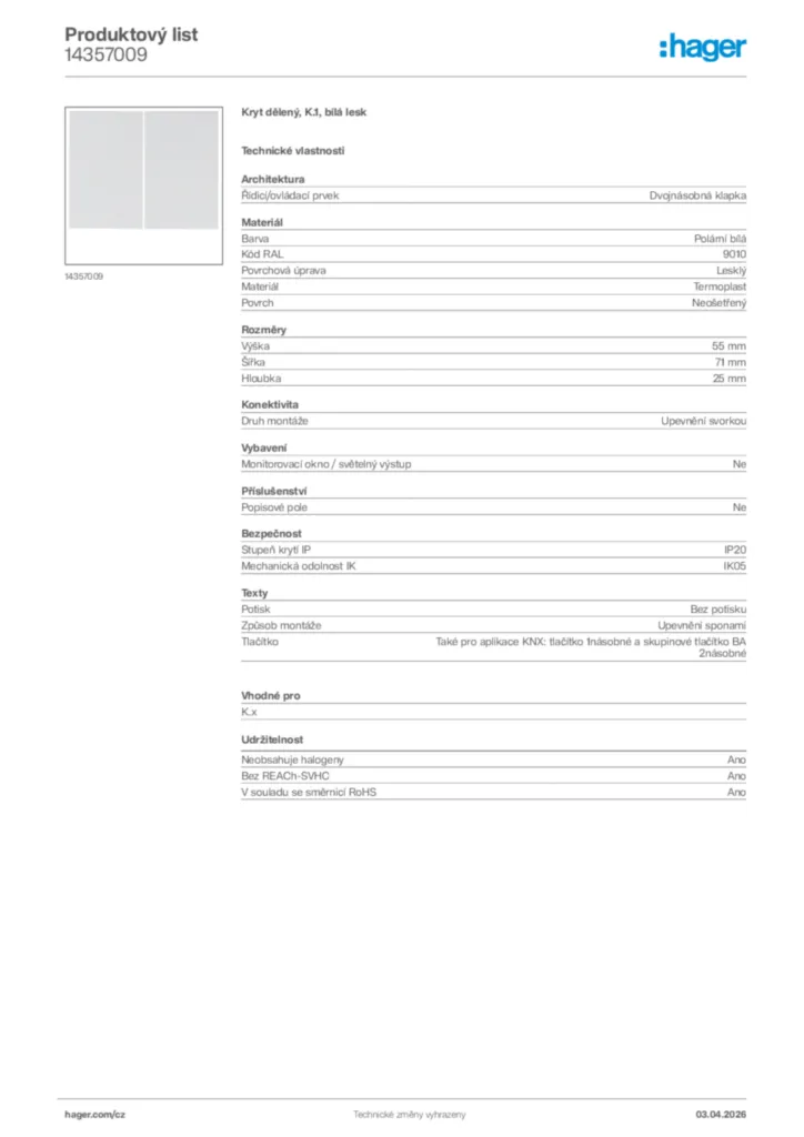 Obrázek Hager Product data sheet 14357009 | Hager