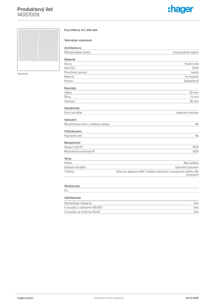 Obrázek Hager Product data sheet 14357009 | Hager