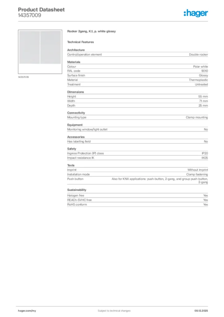 Image Hager Product data sheet 14357009  | Hager