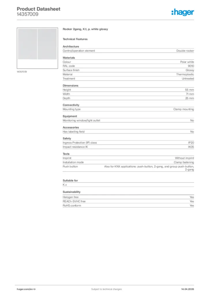 Image Hager Product data sheet 14357009  | Hager