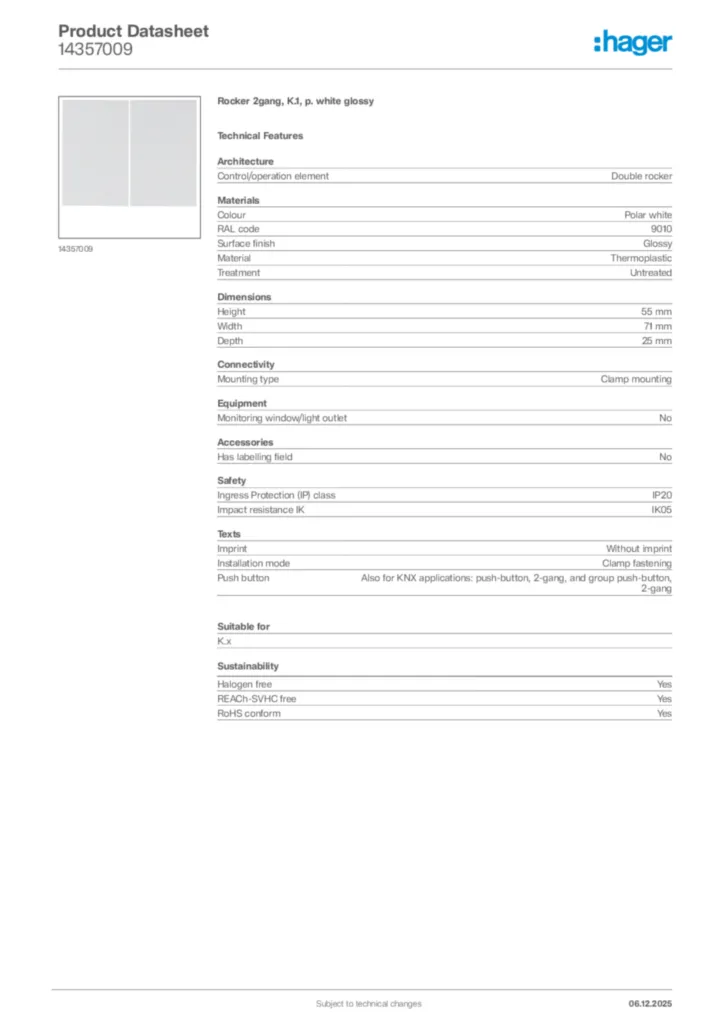 Image Hager Product data sheet 14357009  | Hager