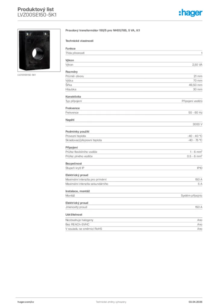 Obrázek Hager Product data sheet LVZ00SE150-5K1 | Hager