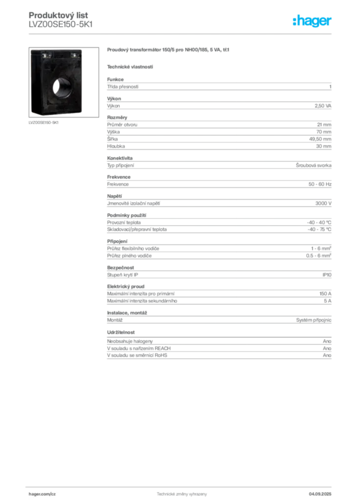 Obrázek Hager Produktový list LVZ00SE150-5K1 | Hager