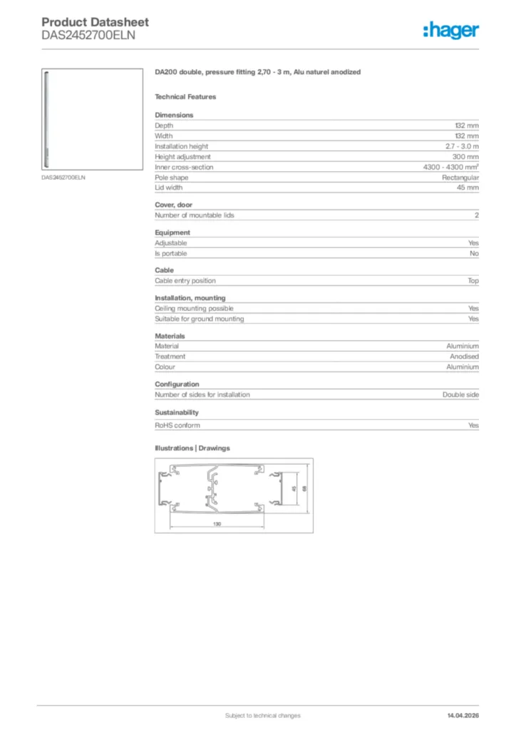 Image Hager Product data sheet DAS2452700ELN  | Hager Africa