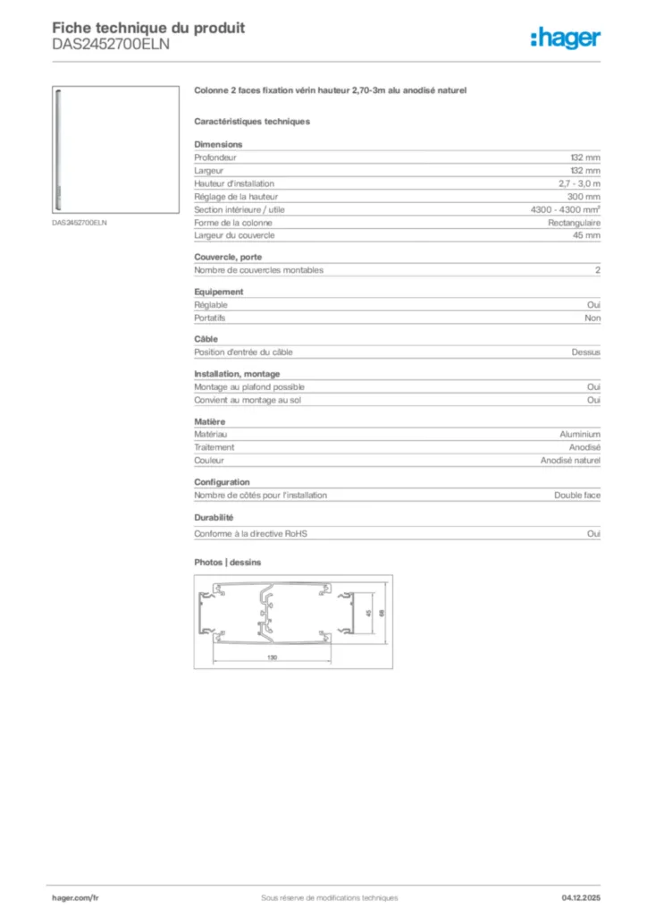 Image Hager Fiche technique du produit DAS2452700ELN | Hager France