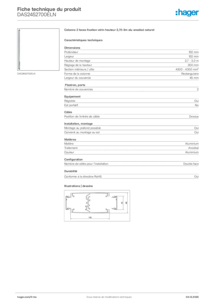 Image Hager Fiche technique du produit DAS2452700ELN | Hager Belgique
