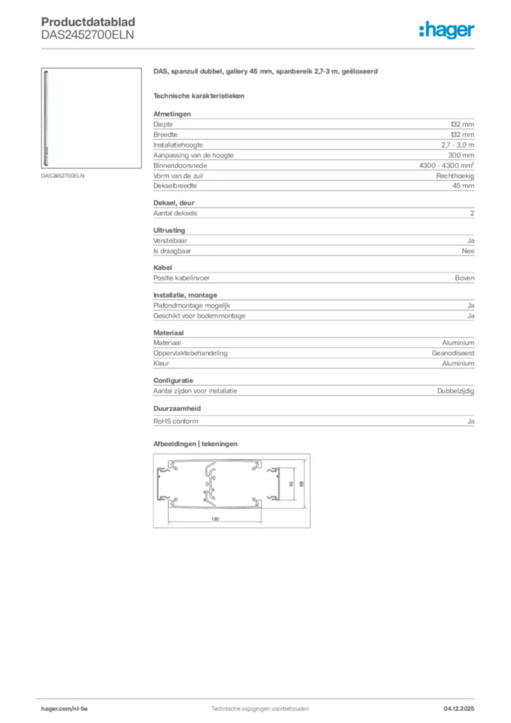 Afbeelding Hager Productdatablad DAS2452700ELN | Hager Belgium