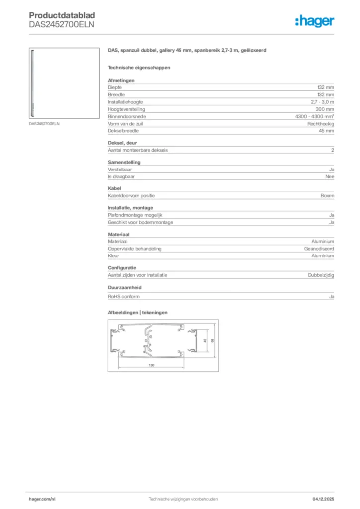 Afbeelding Hager Productdatablad DAS2452700ELN | Hager Nederland
