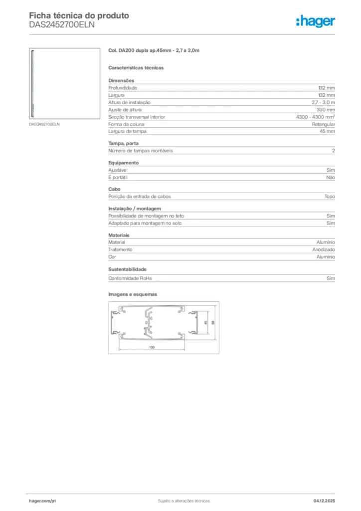 Imagem Hager Ficha técnica do produto DAS2452700ELN | Hager Portugal