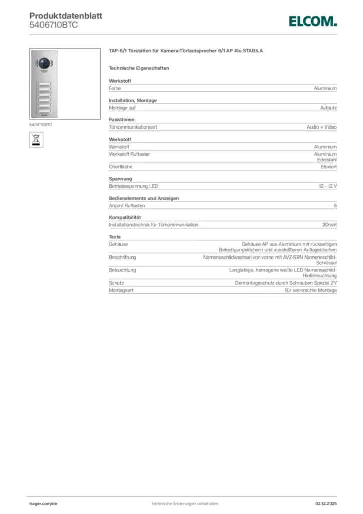Bild Elcom Produktdatenblatt 5406710BTC | Hager Deutschland