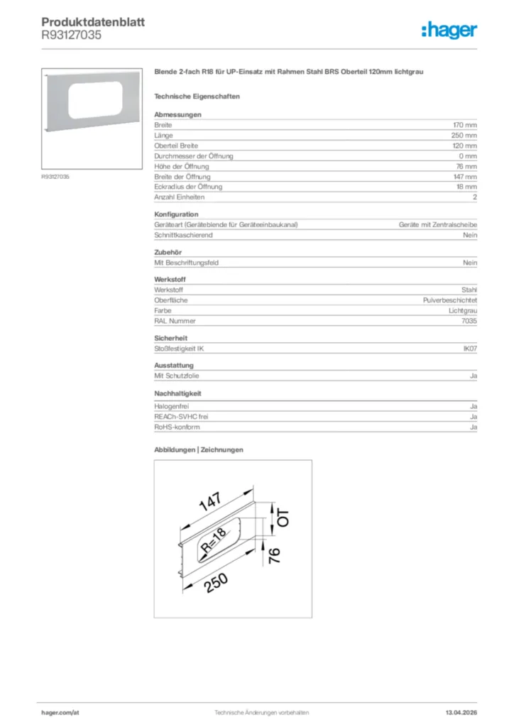 Bild Hager Produktdatenblatt R93127035 | Hager Deutschland