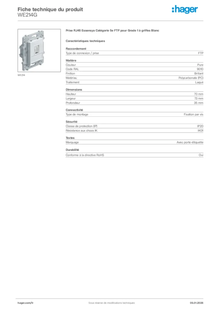 Image Hager Fiche technique du produit WE214G | Hager France