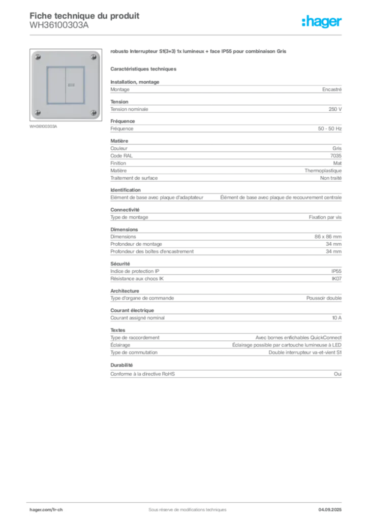 Image Hager Fiche technique du produit WH36100303A | Hager Suisse