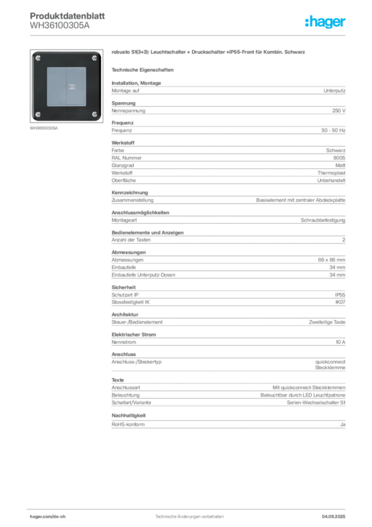 Bild Hager Produktdatenblatt WH36100305A | Hager Schweiz