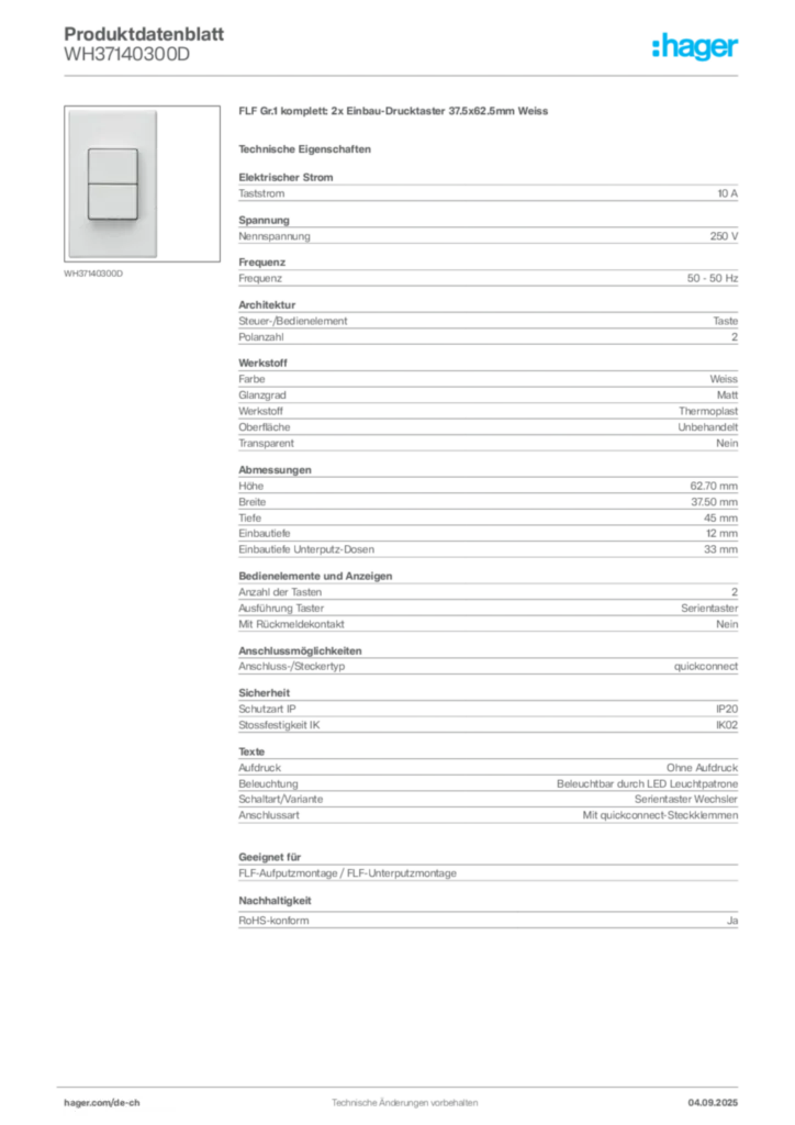 Bild Hager Produktdatenblatt WH37140300D | Hager Schweiz