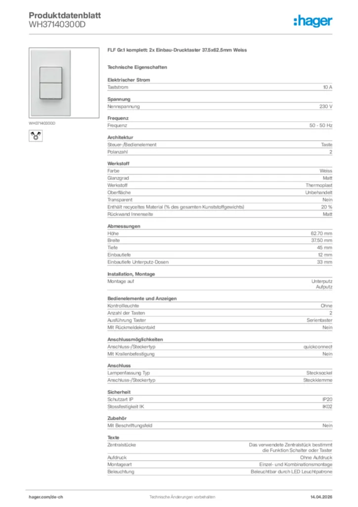 Bild Hager Produktdatenblatt WH37140300D | Hager Schweiz