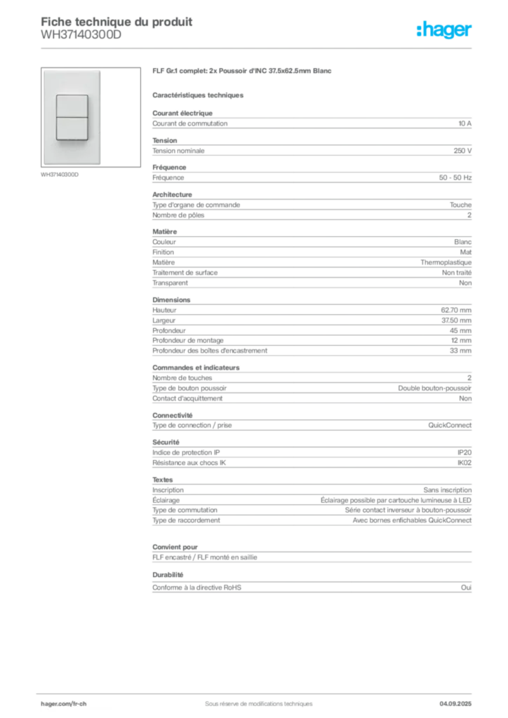 Image Hager Fiche technique du produit WH37140300D | Hager Suisse