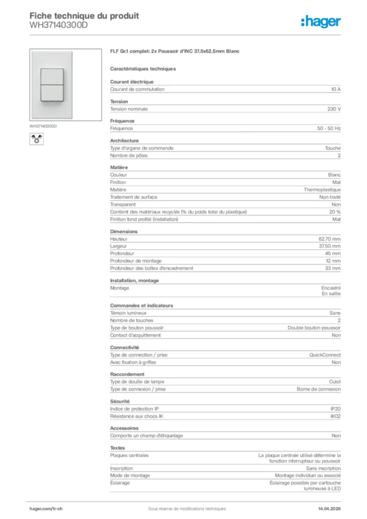 Image Hager Fiche technique du produit WH37140300D | Hager Suisse