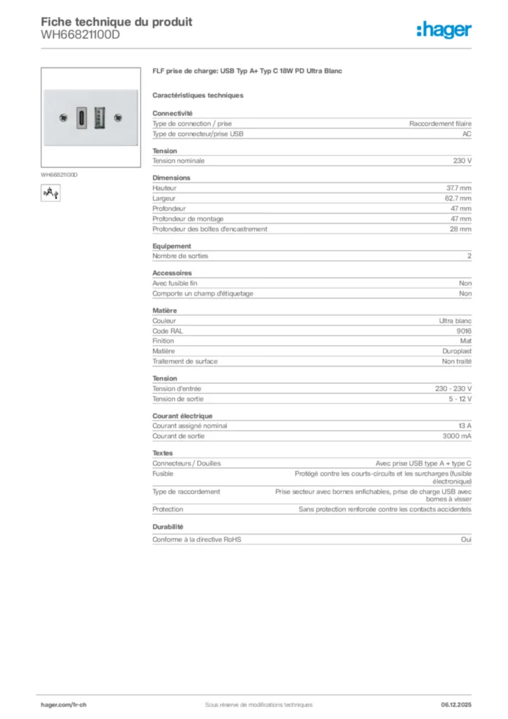 Image Hager Fiche technique du produit WH66821100D | Hager Suisse