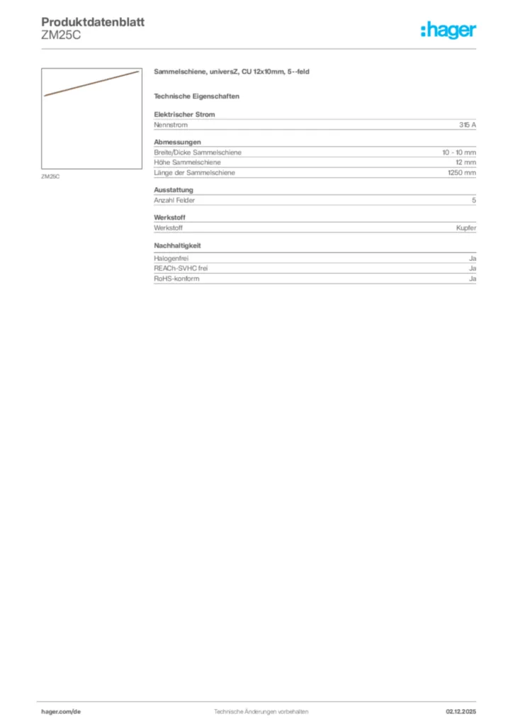Hager Produktdatenblatt ZM25C