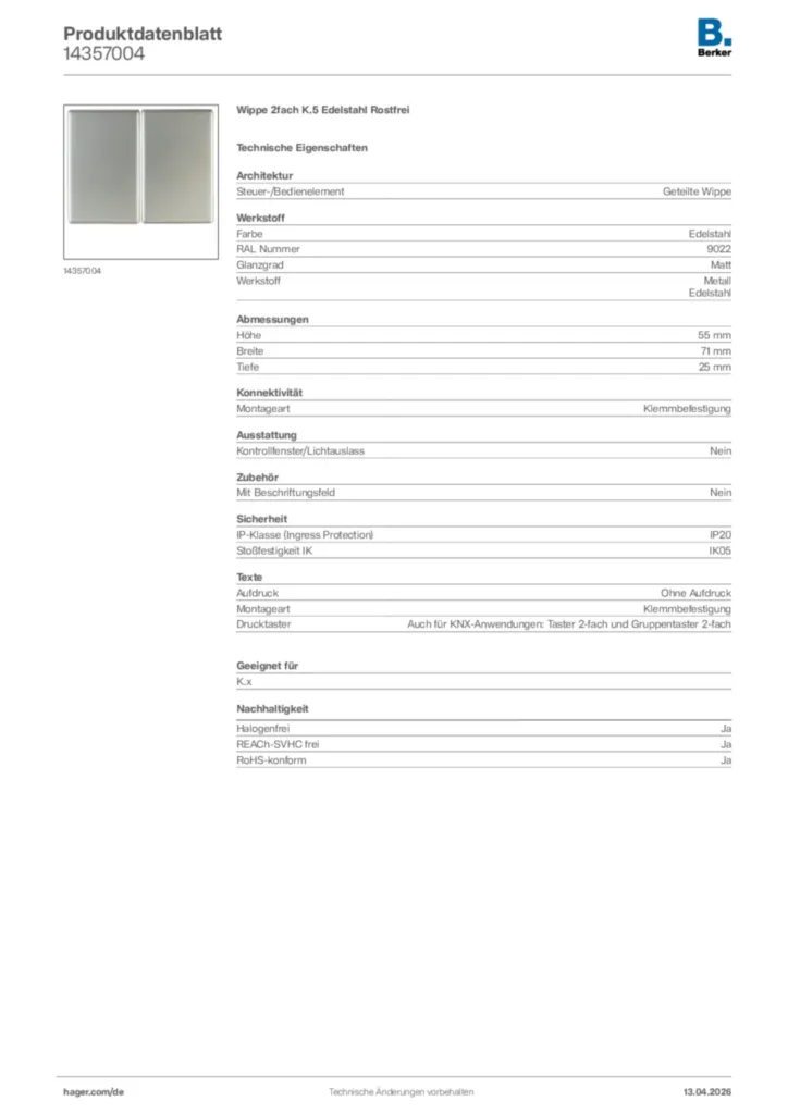 Bild Berker Produktdatenblatt 14357004 | Hager Deutschland