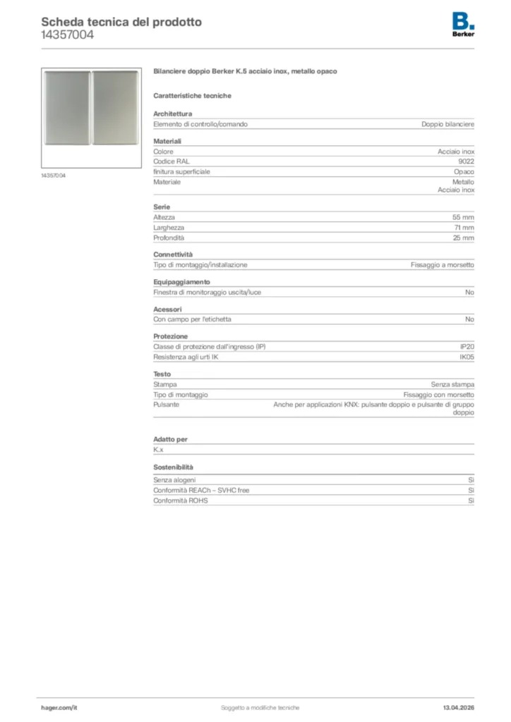 Immagine Berker Scheda tecnica del prodotto 14357004 | Hager Italia