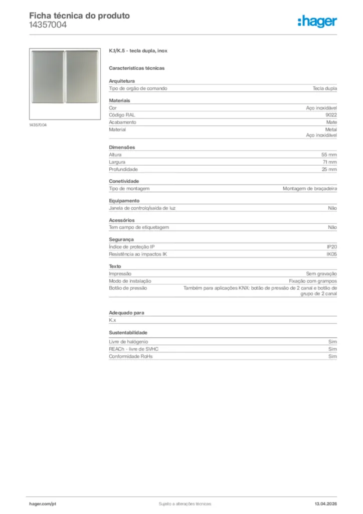 Imagem Hager Ficha técnica do produto 14357004 | Hager Portugal