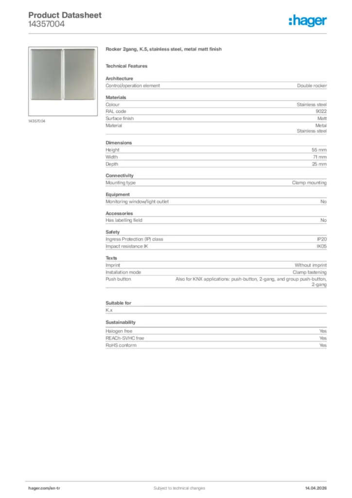 Image Hager Product data sheet 14357004  | Hager